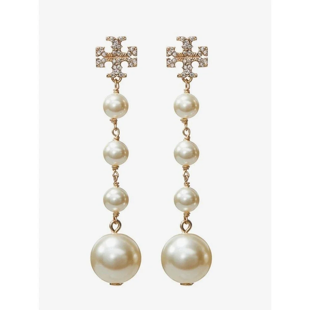 NWT Tory Burch Crystal Double T Logo Graduated Pearl Linear Drop Earrings 3